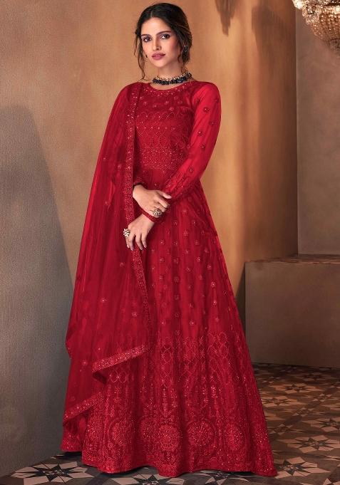 Red Embroidery Net Sharara Set — view on Indya