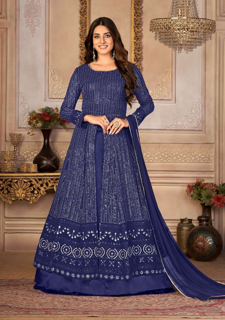 Blue Embroidery Georgette Sharara Set - Indya