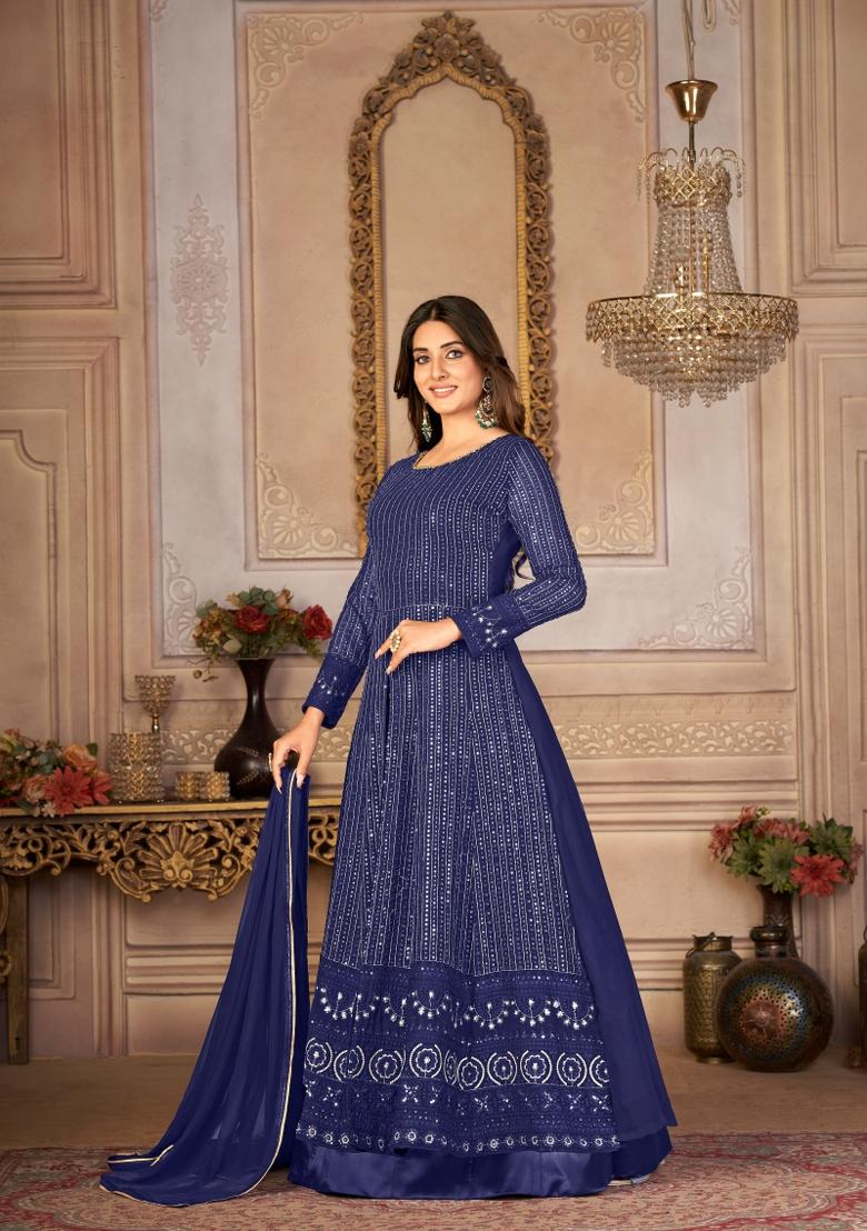 Blue Embroidery Georgette Sharara Set - Indya