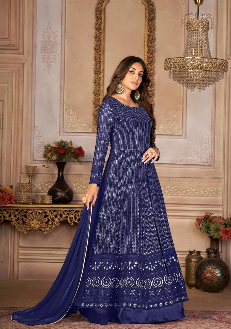 Blue Embroidery Georgette Sharara Set - Indya