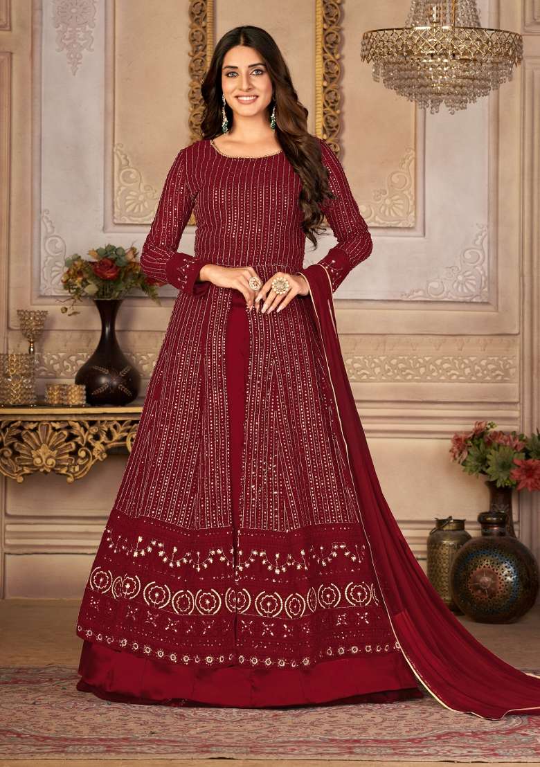 Maroon Embroidery Georgette Sharara Set - Indya