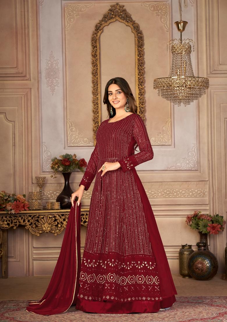 Maroon Embroidery Georgette Sharara Set - Indya