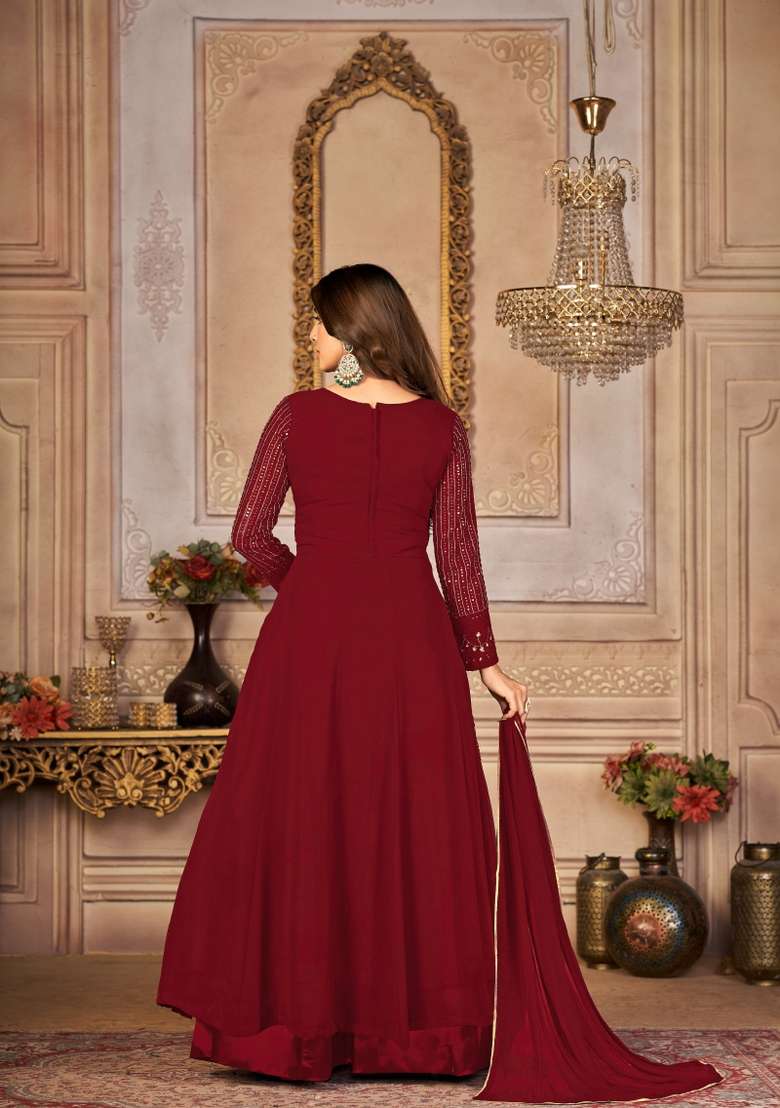 Maroon Embroidery Georgette Sharara Set - Indya