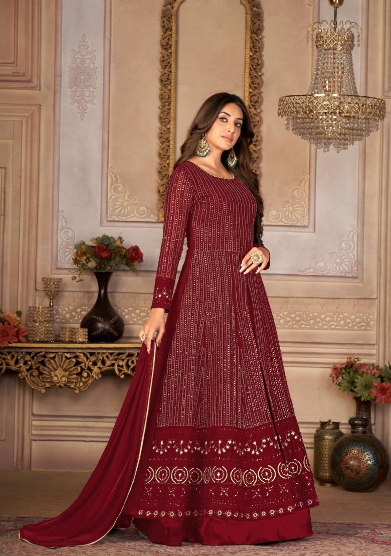 Maroon Embroidery Georgette Sharara Set - Indya