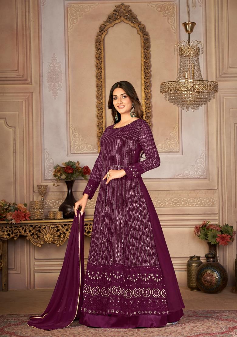 Purple Embroidery Georgette Sharara Set - Indya