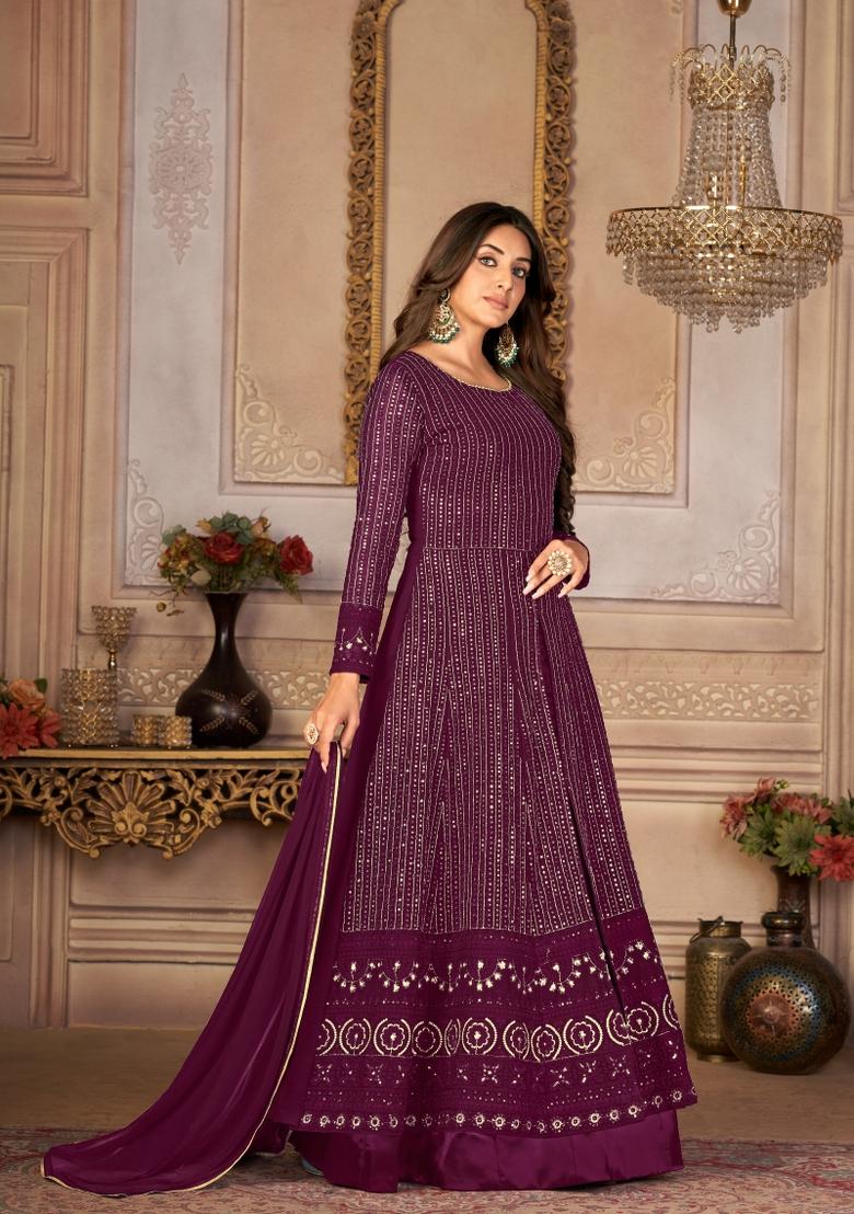 Purple Embroidery Georgette Sharara Set - Indya