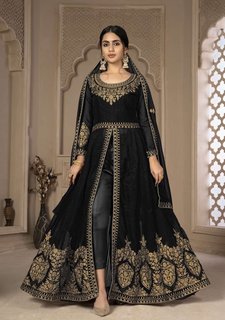 Black Embroidery Georgette Sharara Set - Indya