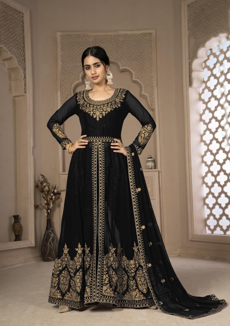 Black Embroidery Georgette Sharara Set - Indya