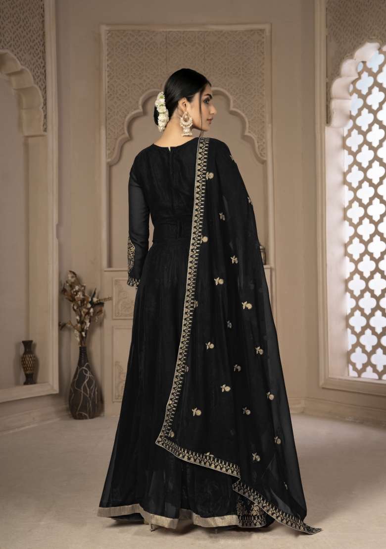 Black Embroidery Georgette Sharara Set - Indya