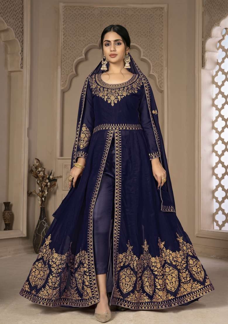 Blue Embroidery Georgette Sharara Set - Indya