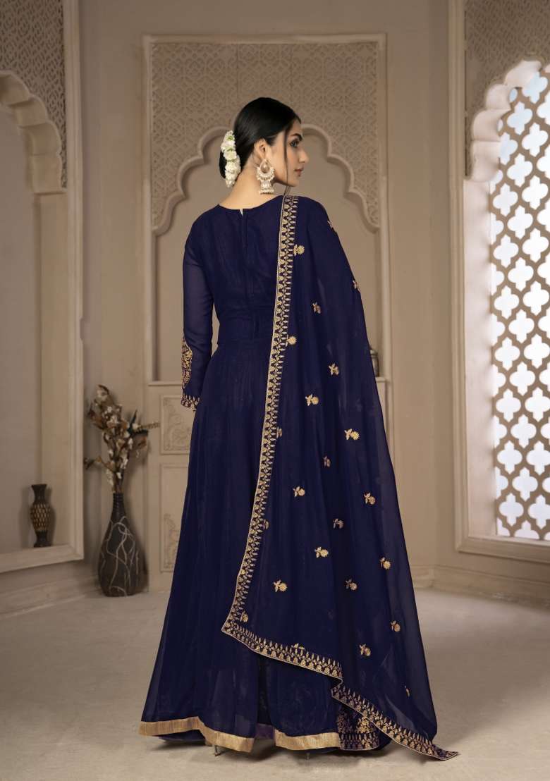 Blue Embroidery Georgette Sharara Set - Indya