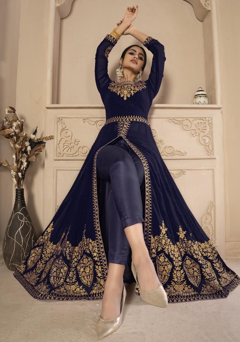 Blue Embroidery Georgette Sharara Set - Indya
