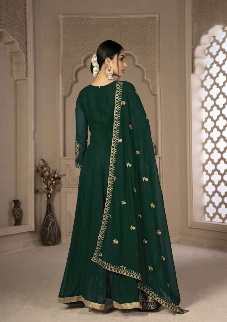 Green Embroidery Georgette Sharara Set - Indya