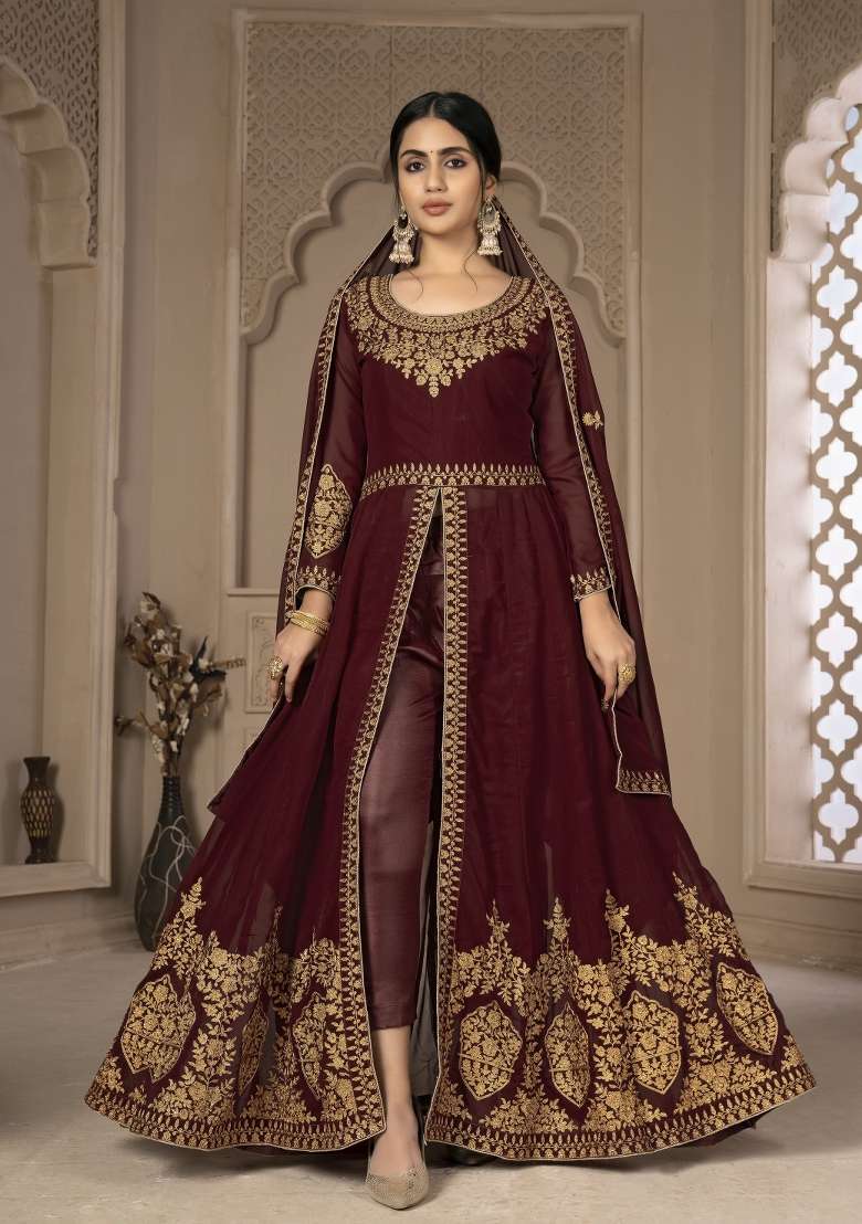 Maroon Embroidery Georgette Sharara Set - Indya