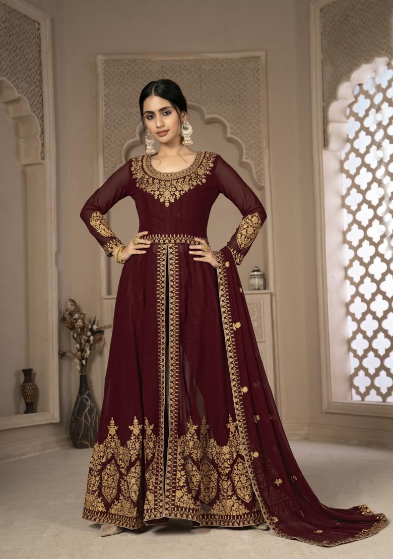 Maroon Embroidery Georgette Sharara Set - Indya