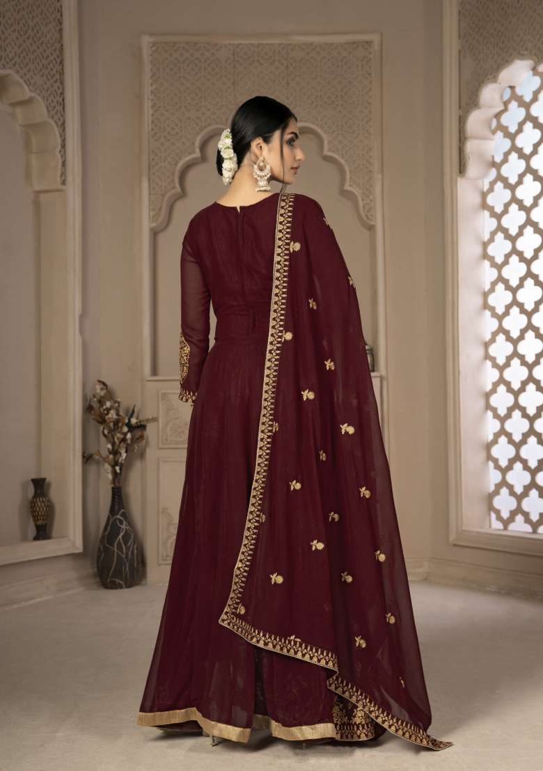 Maroon Embroidery Georgette Sharara Set - Indya