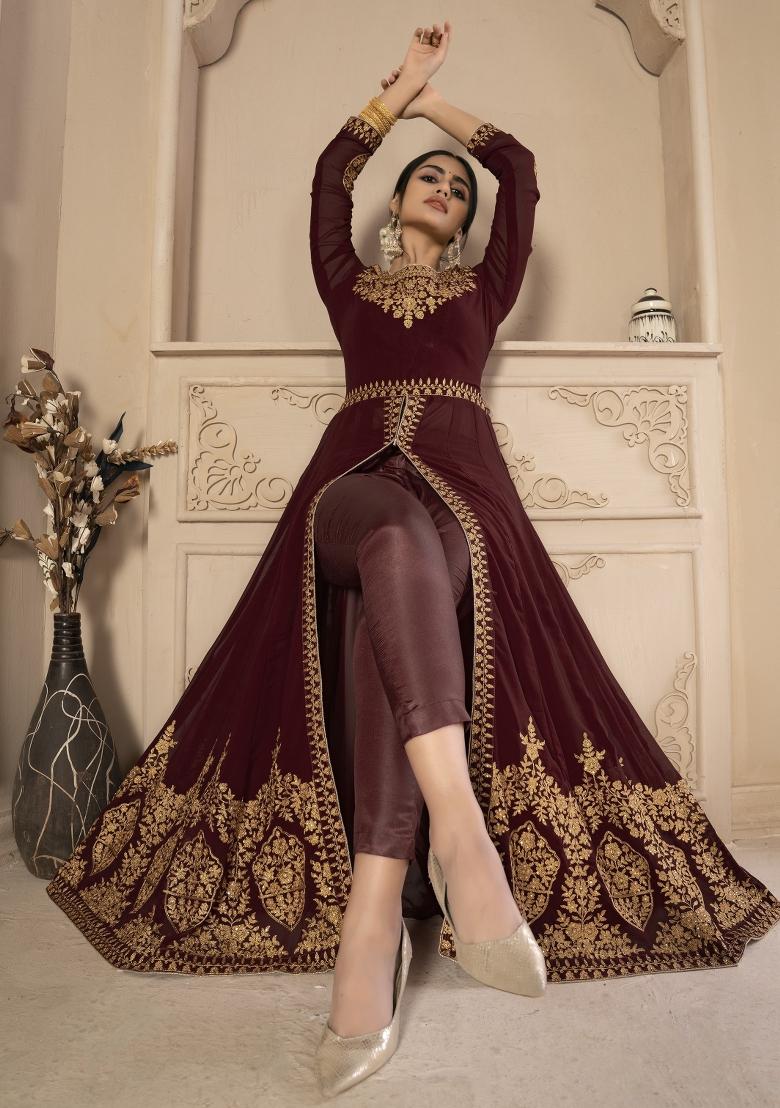 Maroon Embroidery Georgette Sharara Set - Indya
