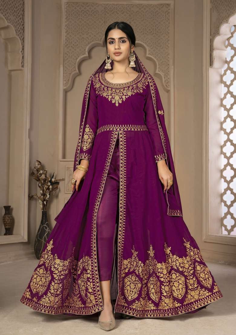Purple Embroidery Georgette Sharara Set - Indya