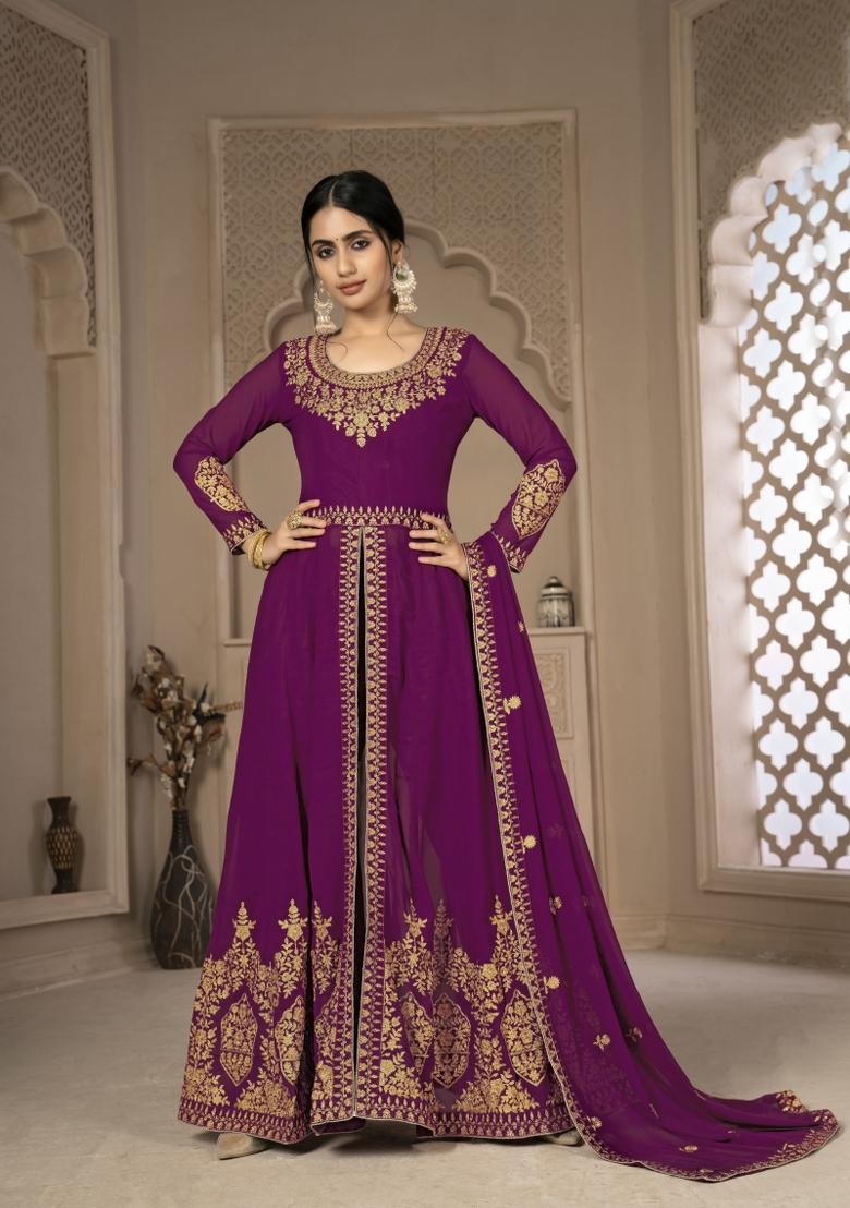 Purple Embroidery Georgette Sharara Set - Indya