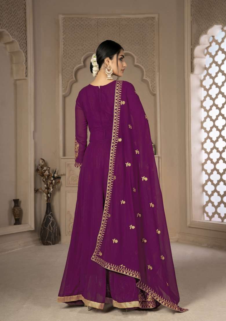 Purple Embroidery Georgette Sharara Set - Indya