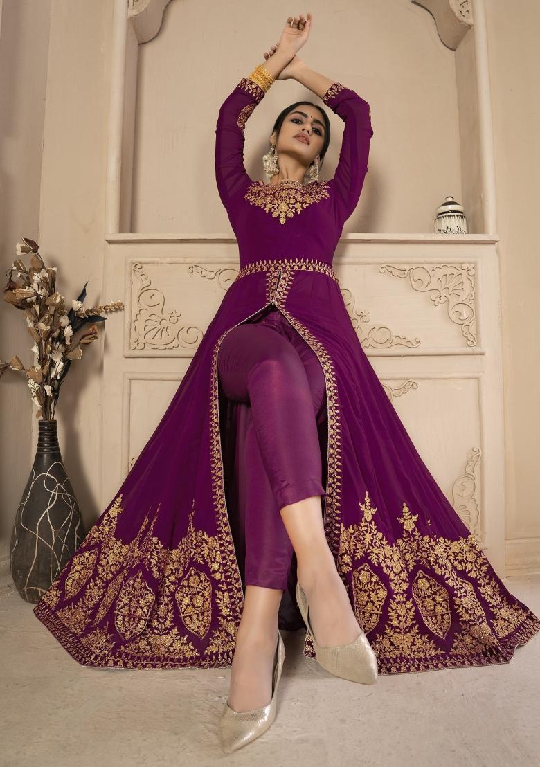Purple Embroidery Georgette Sharara Set - Indya