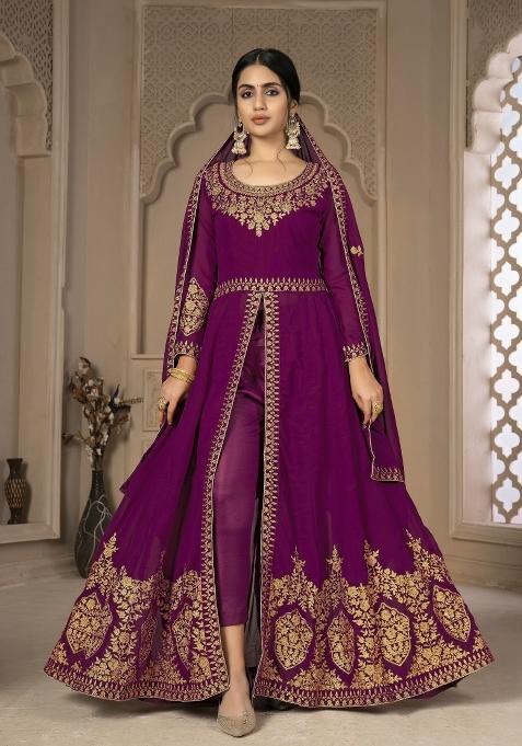 Purple Embroidery Georgette Sharara Set