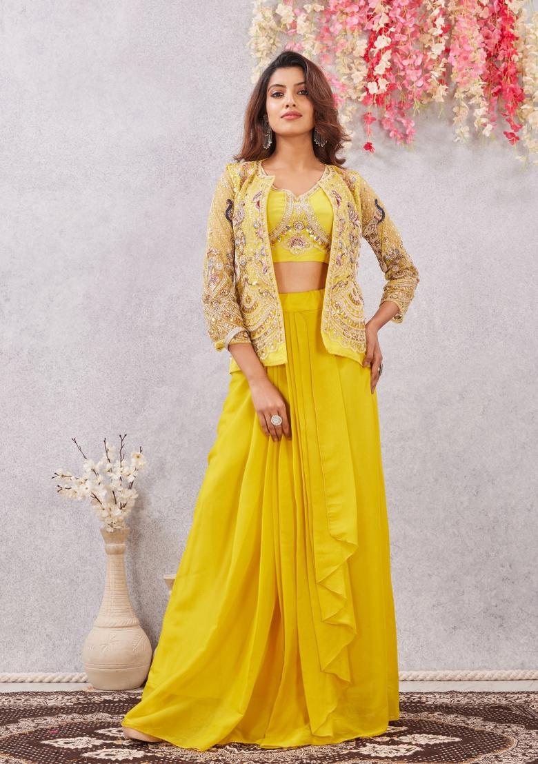 Yellow Embroidery Georgette Sharara Set - Indya