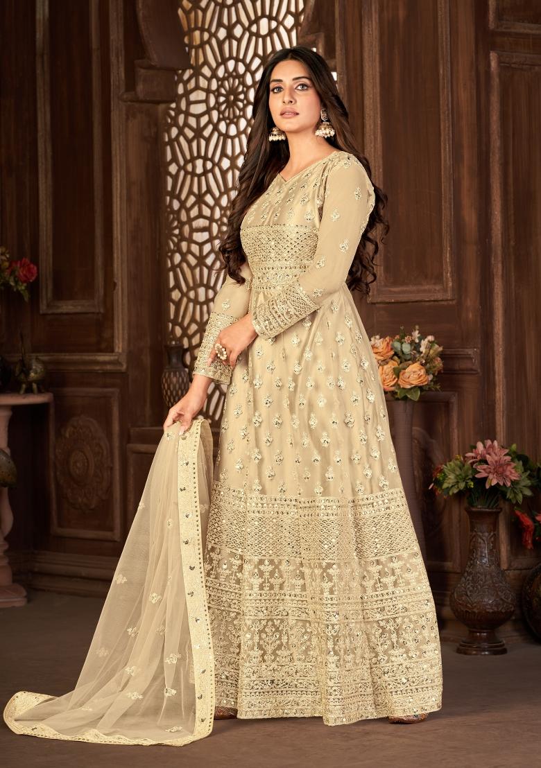 Cream Embroidery Net Sharara Set - Indya