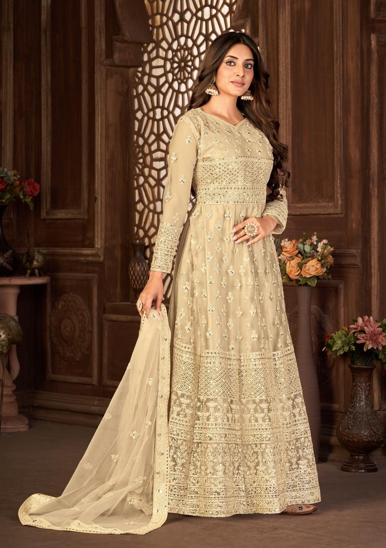Cream Embroidery Net Sharara Set - Indya