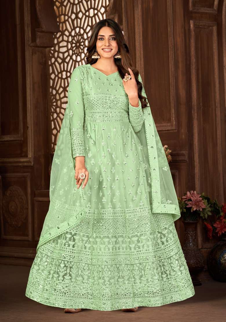 Green Embroidery Net Sharara Set - Indya