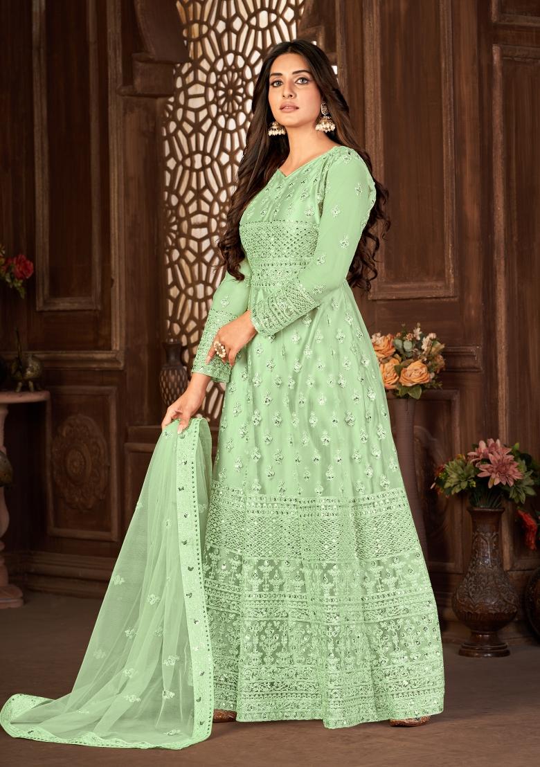 Green Embroidery Net Sharara Set - Indya
