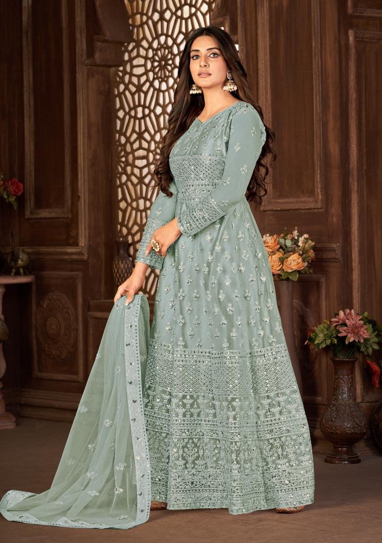 Grey Embroidery Net Sharara Set - Indya