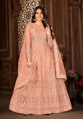Peach Embroidery Net Sharara Set