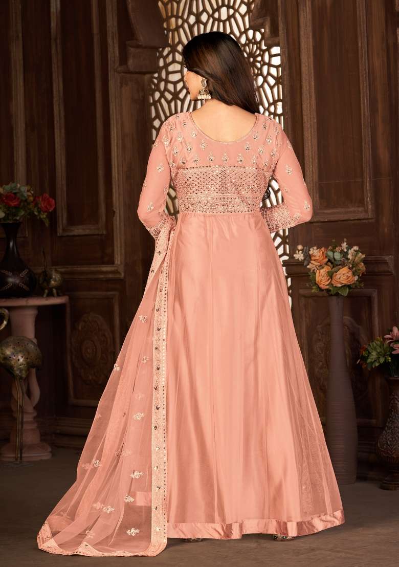 Peach Embroidery Net Sharara Set - Indya