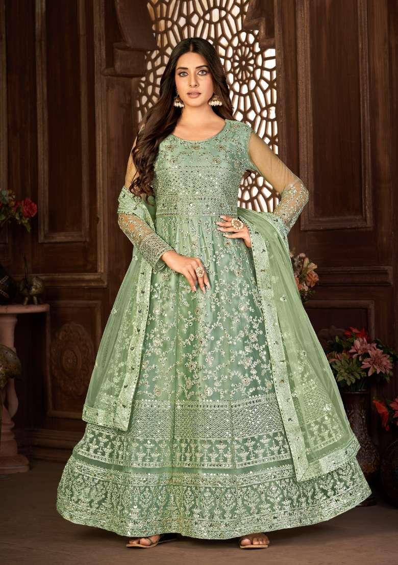Green Embroidery Net Sharara Set - Indya