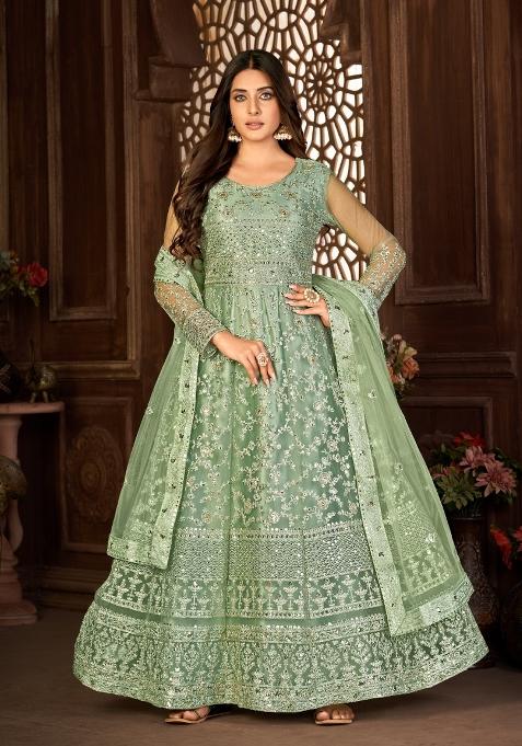 Green Embroidery Net Sharara Set — view on Indya