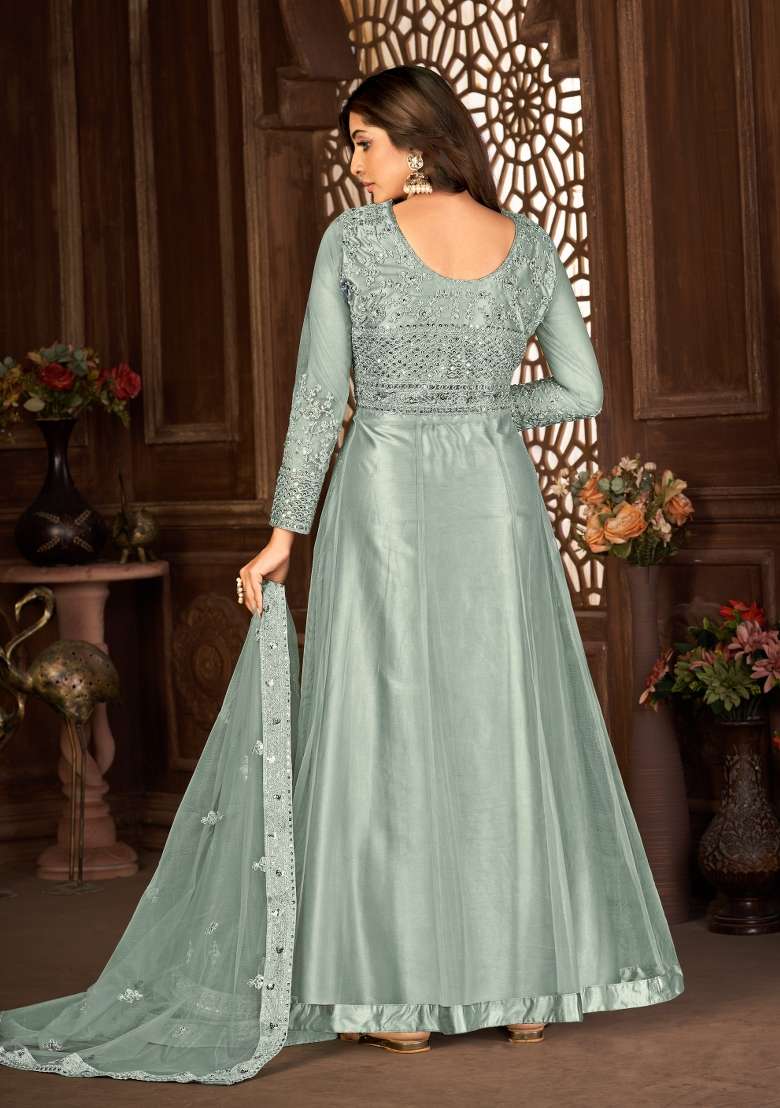 Grey Embroidery Net Sharara Set - Indya