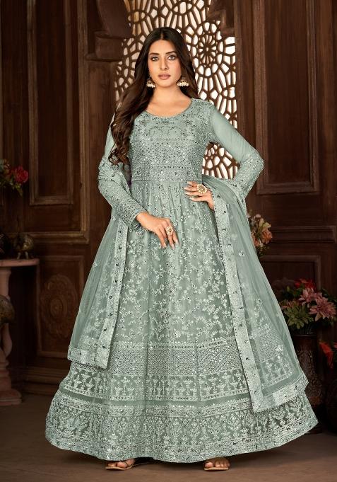 Grey Embroidery Net Sharara Set