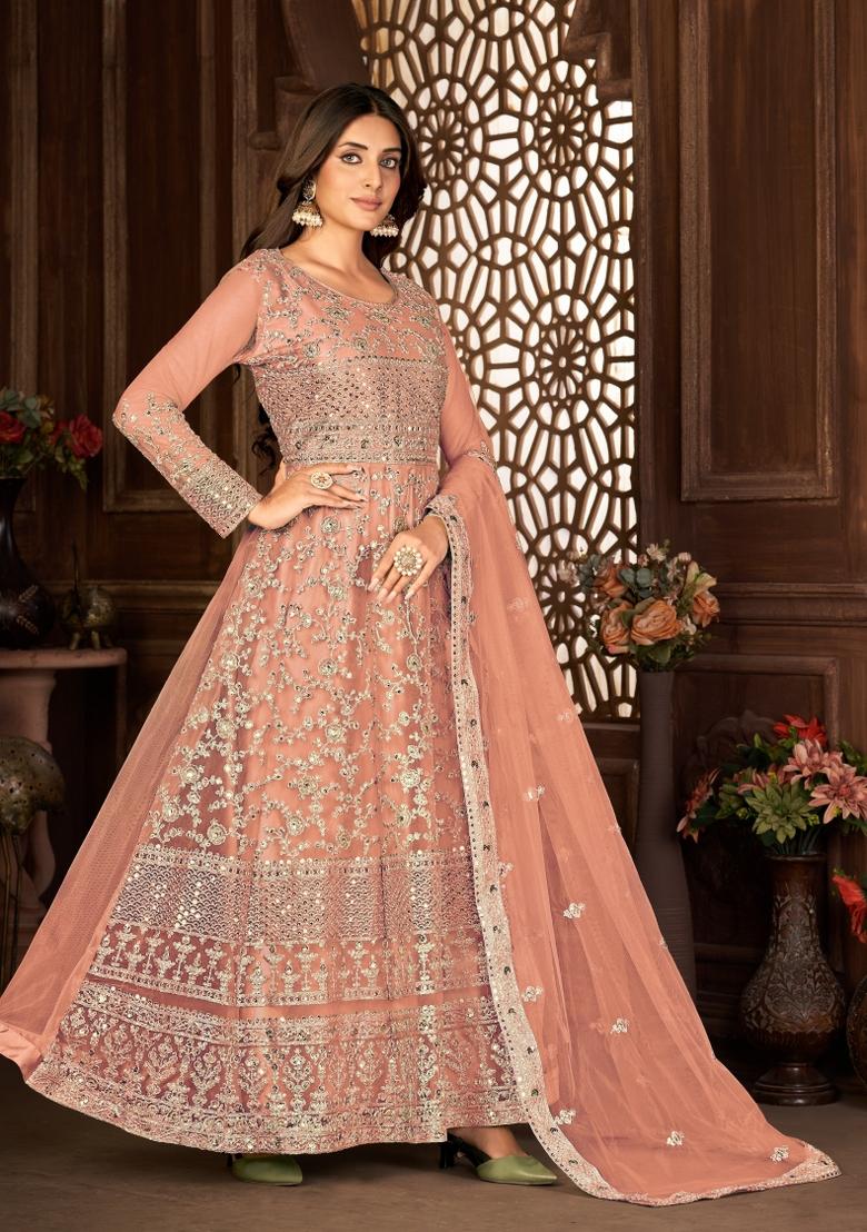 Peach Embroidery Net Sharara Set - Indya