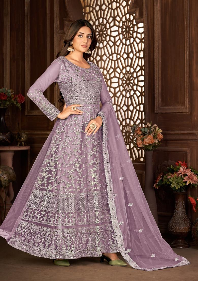 Purple Embroidery Net Sharara Set - Indya