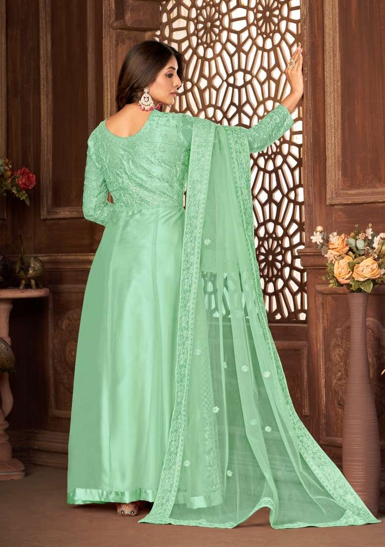 Green Embroidery Net Sharara Set - Indya