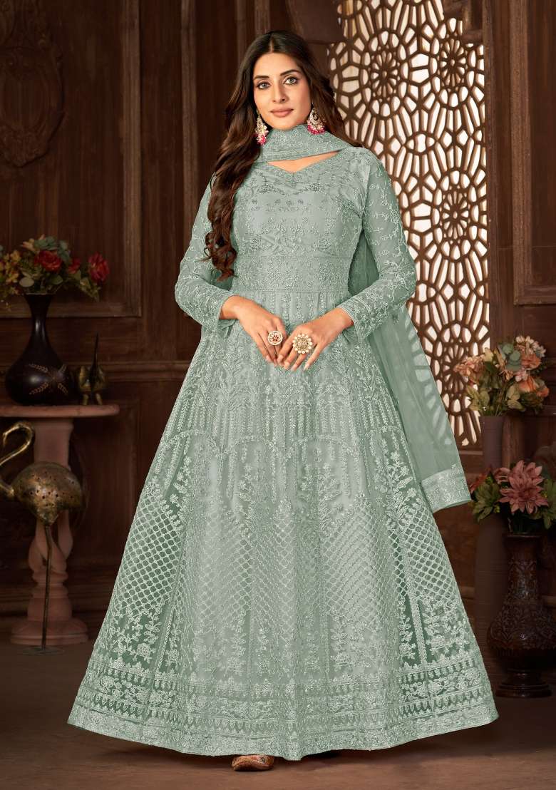 Grey Embroidery Net Sharara Set - Indya