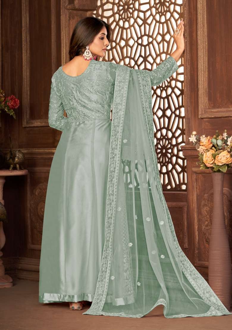 Grey Embroidery Net Sharara Set - Indya