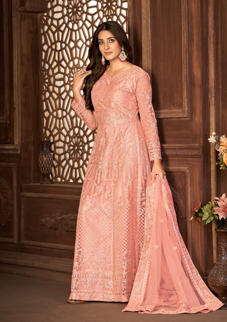 Peach Embroidery Net Sharara Set - Indya