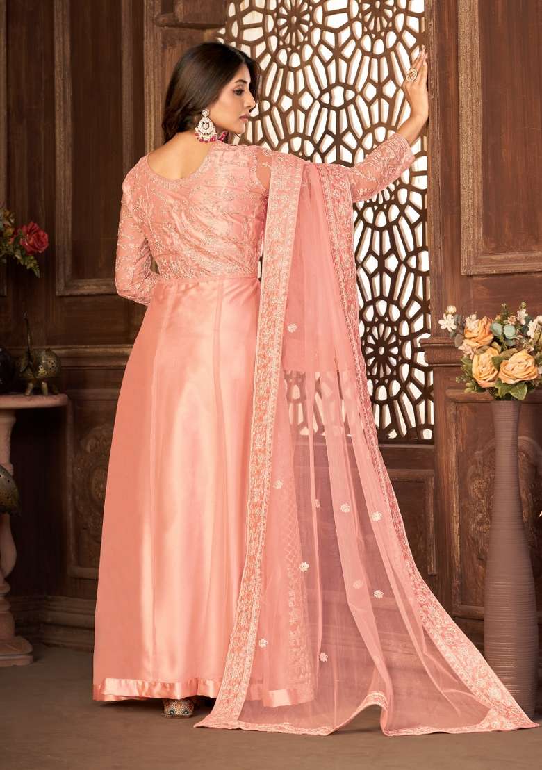 Peach Embroidery Net Sharara Set - Indya