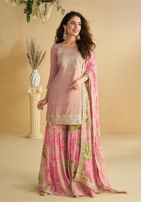 Pink Embroidery Chinon Sharara Set