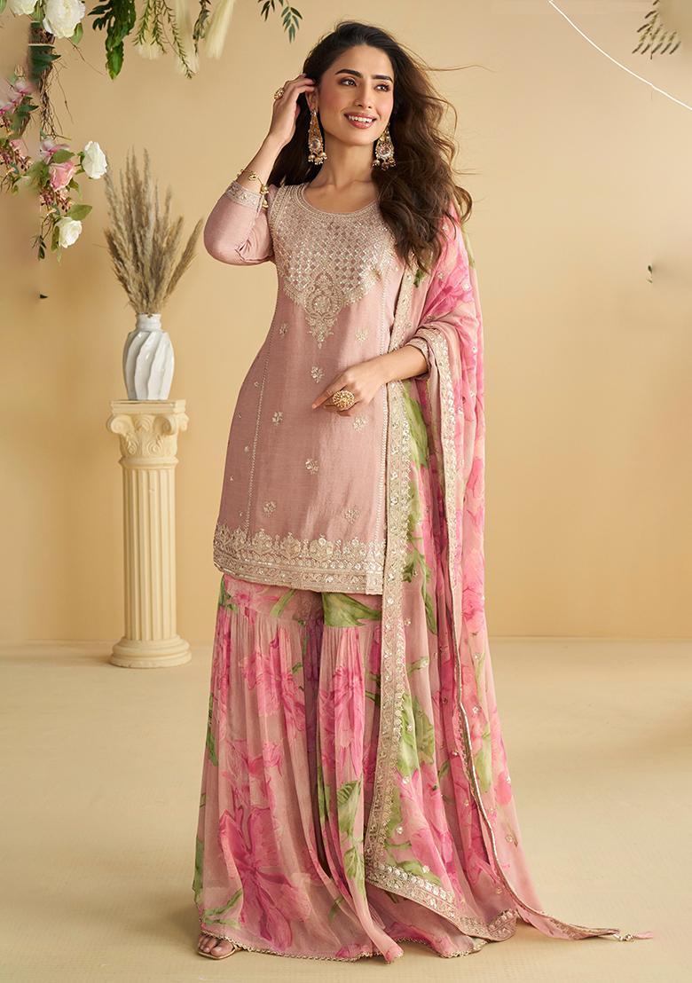 Pink Embroidery Chinon Sharara Set - Indya
