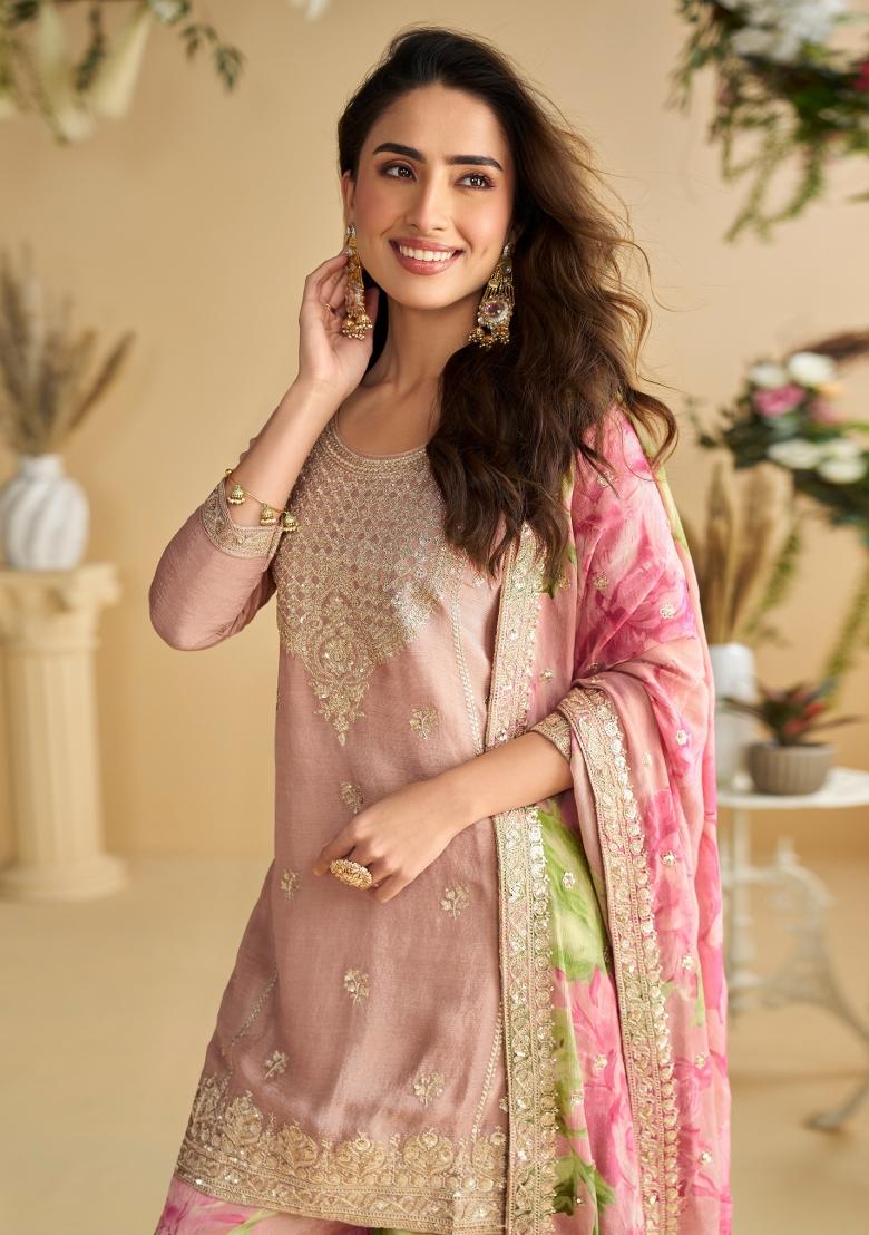 Pink Embroidery Chinon Sharara Set - Indya