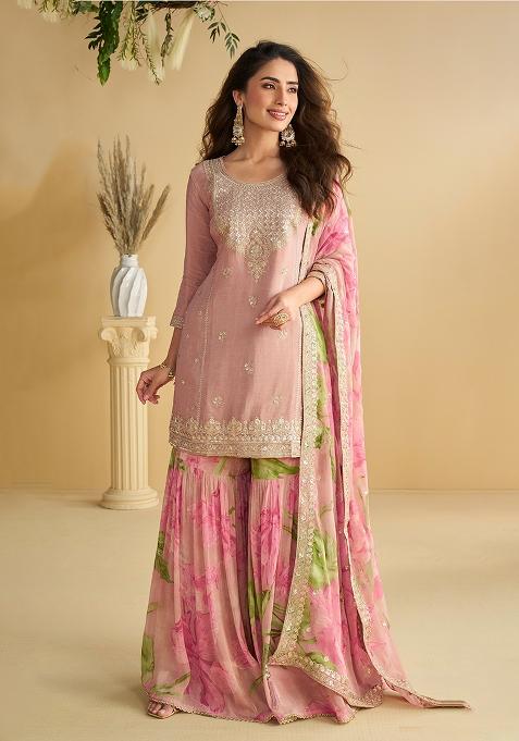 Pink Embroidery Chinon Sharara Set