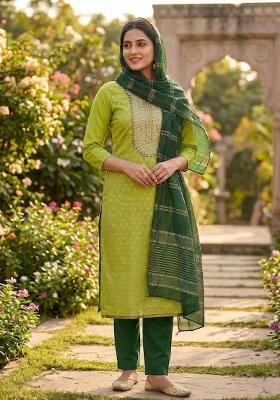 Parrot Green Embroidery Shimmer Salwar Kameez